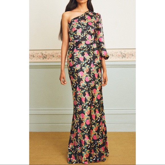saloni lily one shoulder dress Saloni Lily Saloni One Shoulder Dress Saloni Lily One-shoulder Floral Silk Kimono Gown In Garden
